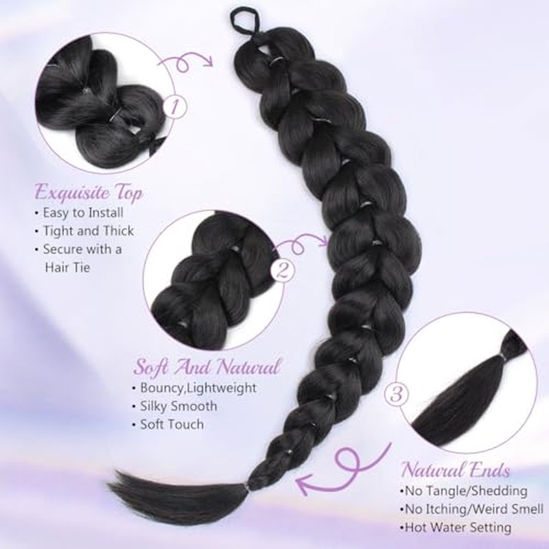 26 Inch Black Braided Ponytail Extension - Lightweight & Hypoallergenic