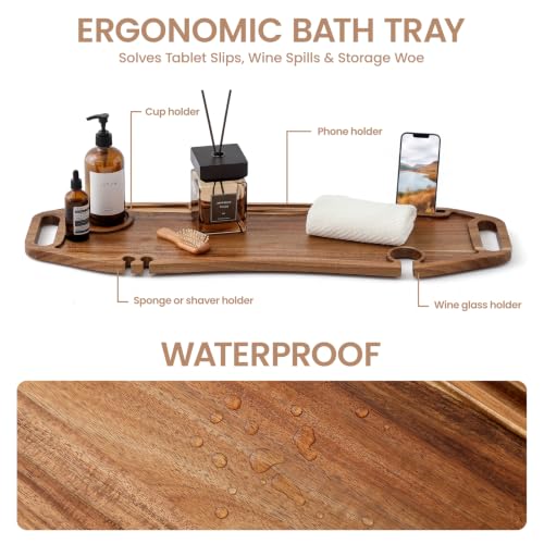 35 Inch Acacia Wood Bathtub Tray with Wine Holder