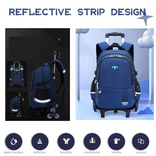 Boys Rolling Backpack Elementary Middle School Students Bookbag with Wheel Teens Trolley Removable Schoolbag