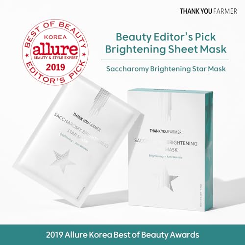 THANKYOU FARMER Saccharomy Brightening Star Mask (10ea) - Phyto Mucin Essence for Glowing, Niacinamide, Fermented Rice, Saccharomyces, Korean Sheet Mask for Dry and Dehydrated Skin (10)