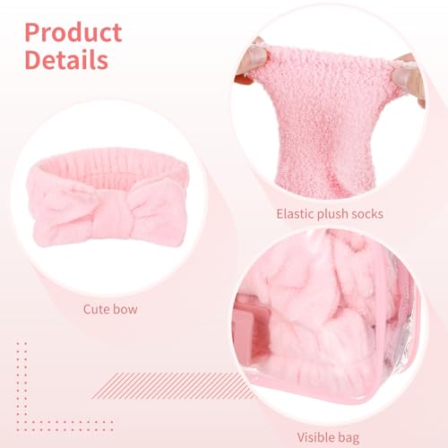 Homaisson 6 Sets Sleepover Party Supplies, Spa Set with Plush Sleep Eye Mask, Headband, Hair Clip, Socks, Bag for Girls Women Slumber Spa Birthday Pajama Gifts, Pink