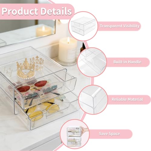 Clear Stackable Storage Drawers,Acrylic Makeup Drawer Organizer with 2 Drawers,Stackable Storage Bins for Skincare,Cosmetics,Beauty Supplies,for Vanity,Bathroom,Kitchen Countertop,Pantry Organization