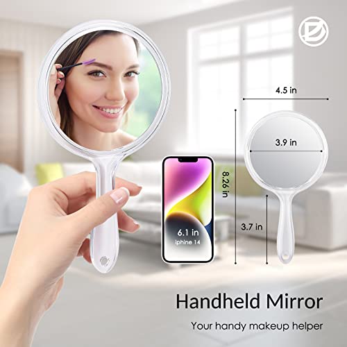 Small Clear Handheld Mirror with Handle 3.9x8.3 Inches - Double Sided 1X 2X Magnification - Clear Frame - Compact Makeup & Salon Mirror