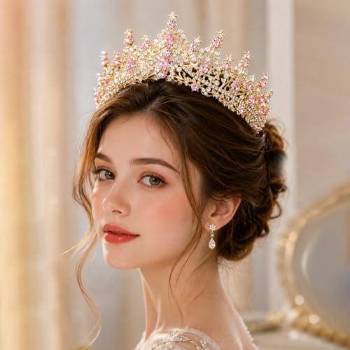 Gold Pink Rhinestone Crown Tiara for Women Wedding