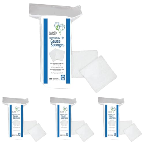 ForPro Professional Collection Premium 12-Ply Gauze Sponges, 100% Cotton, Lint-Free, Non-Sterile Cotton, for Cosmetic and Medical Use, 4¡± x 4¡±, 200-Count (Pack of 4)