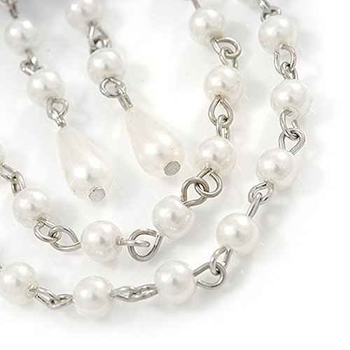 Rhodium Plated Clear Crystal, White Faux Pearl Floral Barrette Hair Clip Grip - 95mm Across