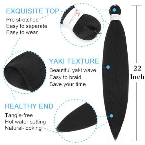 Braiding Hair Pre Stretched 22 Inch 8 Pack Long Professional Pre Stretched Hair For Braiding Soft Yaki Texture Hot Water Setting Synthetic Crochet Braids For Women Girls(22Inch,1B)