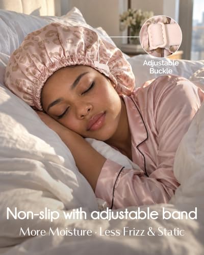 YANIBEST Adjustable Satin Bonnet with No Damage Hair Scrunchie - Leopard Pink
