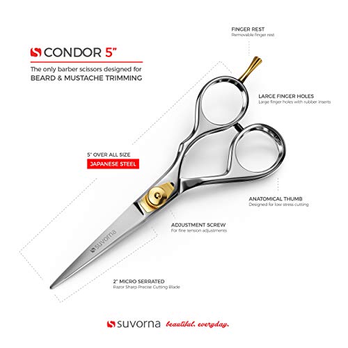 Suvorna Beard & Mustache Scissors for Men - 5" Grooming Scissors for Trimming, Cutting, and Shaping Facial Hair - Japanese Steel Hair Cutting Scissors for Barbers, Professionals & Home Use