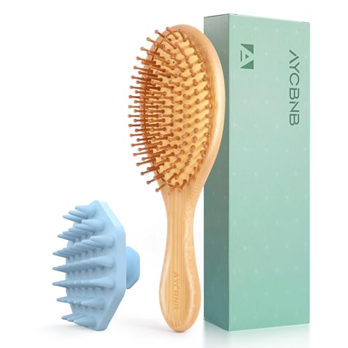 AYCBNB Natural Bamboo Hair Brush&Scalp Massager Shampoo Brush Set, Silicone Body Scrubber, Scalp Exfoliator Detangling Brush,Scalp Stimulator,Paddle Bristles Brush for Women Men Kids, All Hair Types