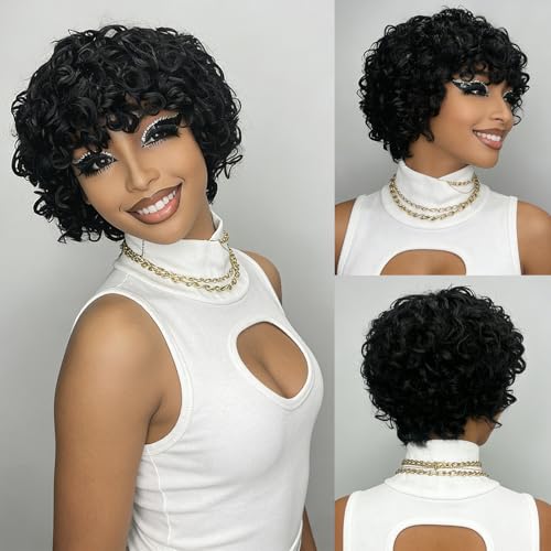 ALISFEEL Short Pixie Wig with Bangs - Egg Curly Human Hair, 602-1B