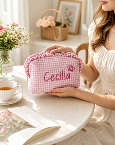Personalized Ruffled Plaid Makeup Bag - Custom Name Cosmetic Pouch