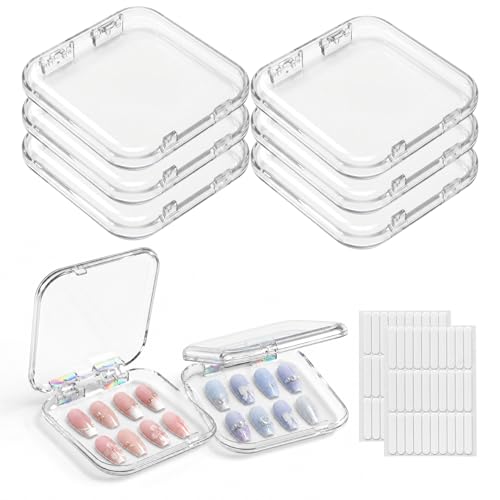 Press On Nail Storage Box Set - 6 Clear Acrylic Cases + 60 Adhesive Tapes