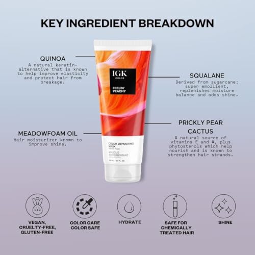 IGK Color Depositing Mask FEELIN' PEACHY - Vibrant Peach | Conditioning + Hydrate + Shine | Vegan + Cruelty Free | 6 Oz