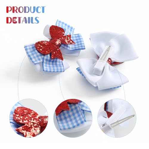 2PC Blue White Gingham Hair Bow Clips 3.5 Inch Checker Pigtail Bows Wizard Hair Accessories
