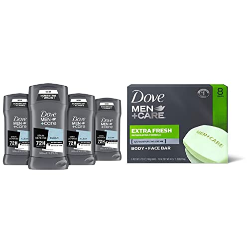 DOVE MEN + CARE Antiperspirant Deodorant (72 Hour Protection) and 3-in-1 Extra Fresh Body Wash Bar (8 Pack) Bundle