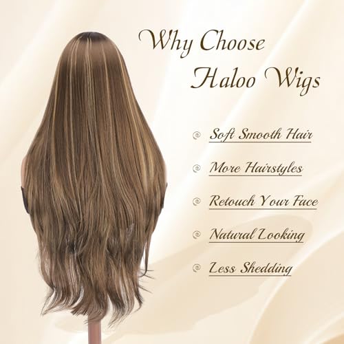 Haloo 26" Blonde Brown Wavy Wig with Bangs - Heat Resistant Synthetic