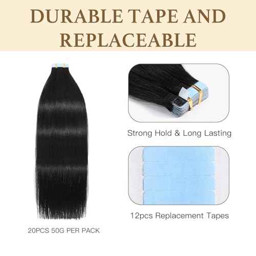 Sunfly Tape in Hair Extensions Human Hair 24 Inch Jet Black 20 Pieces Invisible Hair Extensions Tape Ins Seamless Adding Length 50g