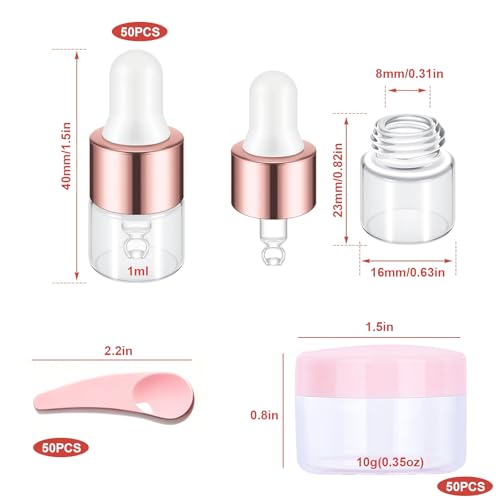 50 Pack Glass Dropper Bottles 1ml with Sample Jars & Spatulas