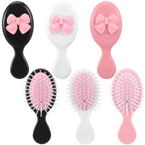 Meanplan 6 Pcs Mini Hair Brush Bulk with Bow Travel Detangling Brush Pink Coquette Small Hairbrush for Dry and Wet Hair Women Gift for Christmas Stocking Stuffers Party Favors(Black,Pink,White)