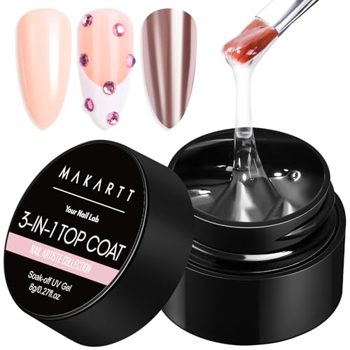 Makartt 2 Pcs Extra Strong Base Coat & Hard Gel Top Coat for Gel Polish with Nail Art Brush, 3-in-1 Long-Lasting Base Coat Nail Gule for Press on Nails Charms Glossy Finish Top Coat for Salon Home Use