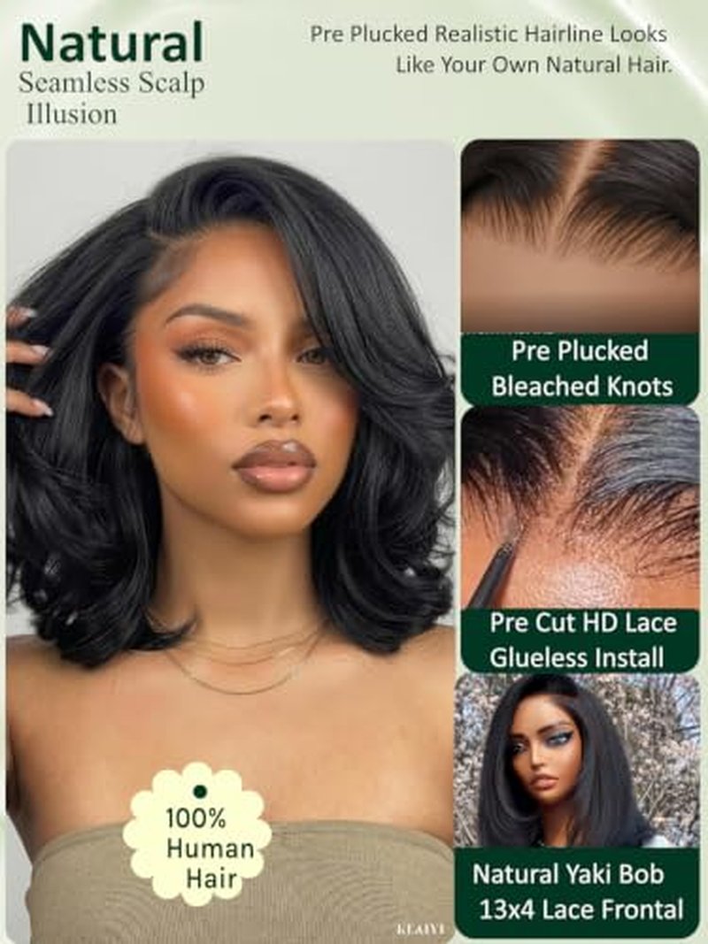 KLAIYI Glueless 13x4 Lace Front Yaki Straight Bob Wig - 10 Inch