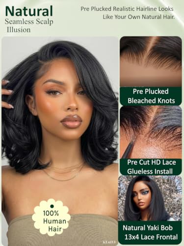 KLAIYI Yaki Straight Bob Wig Human Hair Glueless 13x4 Lace Front, Pre-Plucked & Ready to Wear, 12 Inch