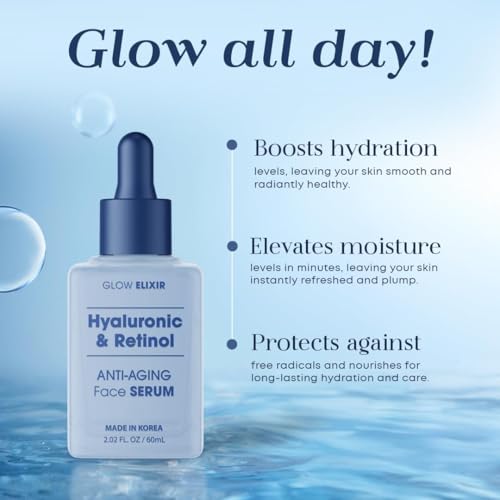 Glow Elixir Retinol Serum for Face with Hyaluronic Acid ? Hydrating Anti-Aging Face Serum for Wrinkles Fine Lines & Uneven Skin Tone ? Dermatologist Tested Korean Skin Care ? Clean Beauty ? 2.02 Fl Oz