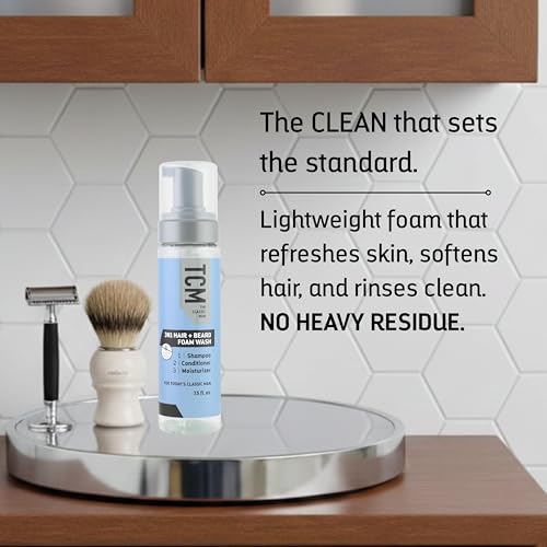 TCM 3N1 Hair + Beard Foam Wash, Shampoo & Conditioner for Softening & Hydrating, No-Rinse Foam Beard Cleanser for Care & Grooming 7.5 oz
