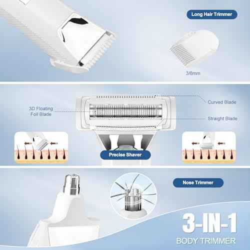 Bikini Trimmer for Women, 3 in 1 Electric Shaver for Women, Waterproof Pubic Body and Nose Hair Trimmer, Rechargeable Electric Razor for Underarm Leg Arm Body Nose