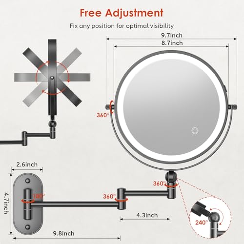 ZLOKLA 9-Inch Black Wall Mounted Lighted Makeup Mirror, 20X Magnification, Rechargeable & Dimmable