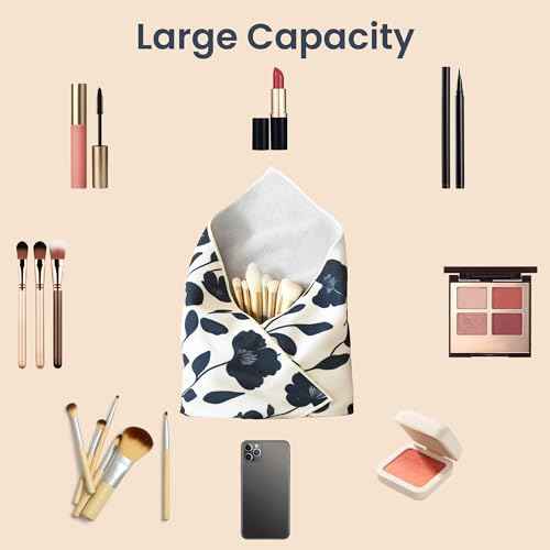 Self-Adhesive Magic Cloth Portable lazy Makeup Bag Cosmetic Pouch Widely Used for Camera Lens Wrap,Protective Cover Laptop Sleeve,Folding,Washable(17.7" X 17.7"Flower)