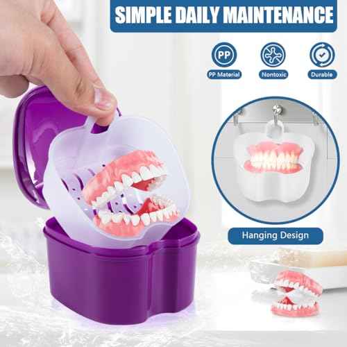 2 Pack Colors Denture Bath Case Cup Box Holder Storage Soak Container with Strainer Basket for Travel Cleaning (Pink and Purple)