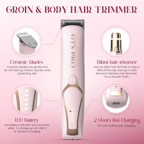 Bikini Trimmer for Women Electric Razor 2 Pack Dual Head Body & Facial Hair Remover -Waterproof USB Rechargeable with Replacement Ceramic Blades, Travel Pouch & Packaging Box(Pink)