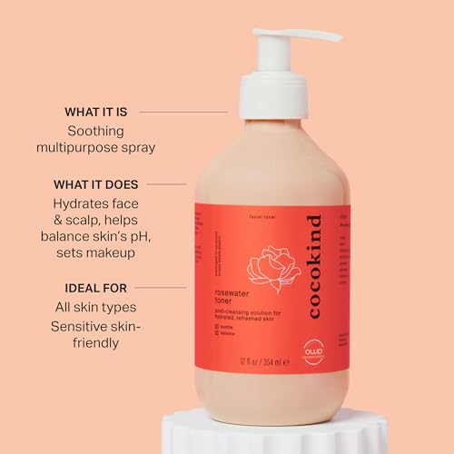 Jumbo Rosewater Facial Toner by Cocokind, Multipurpose Spray to Set Makeup, Double Cleanse, and Balance Skins pH, Made with Rose Hydrosol, 12 Fl Oz