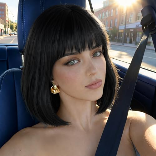 Black Bob Wig with Bangs - Synthetic Short Wig for Women