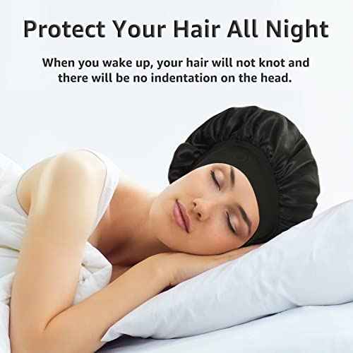 3 Pack Satin Bonnet Silk Hair Bonnet for Sleeping, Sleep Bonnets for Women Large Wide Soft Band Sleep Cap for Curly Hair Braids