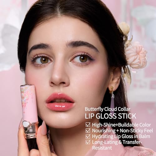 Flower Knows Butterfly Cloud Collar Glossy Lipstick,Hydrating Solid Lip Gloss,Moisturizing Pink Tinted Lip Balm,Long Lasting Lip Gloss in Balm for Girls&Women,(C05 Peach Blossom)