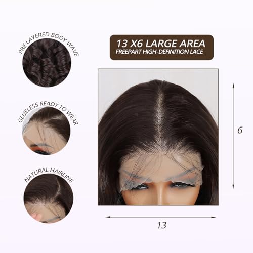 SISgrace Brown 13¡¿6 HD Lace Front Wigs Synthetic Glueless Pre Layered Brown Roots Body Wave Wigs for Women Pre Plucked 18 Inch Tiny Knots Lace Natural Hairline Bob Wig