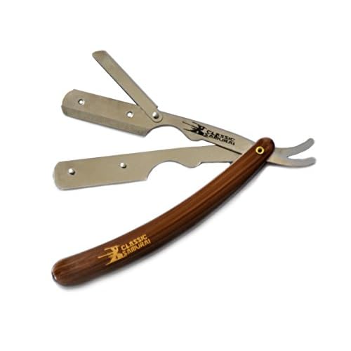 Stainless Steel Professional Barber Folding Straight Edge Razor Shavette Men's Shaving Kit with 200 Count Lord Single Edge Razor Blades (Brown)