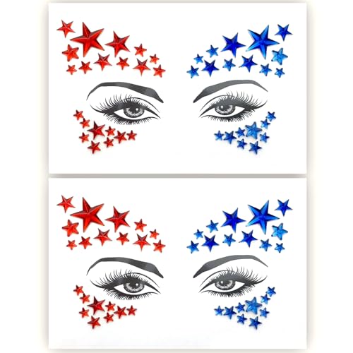 Independence Day Face Gems,4th July Fece jewelry Red Blue Star Tattoo Sticker rhinestones for Women Kids Parade Makeup Party Decoration 2 pcs