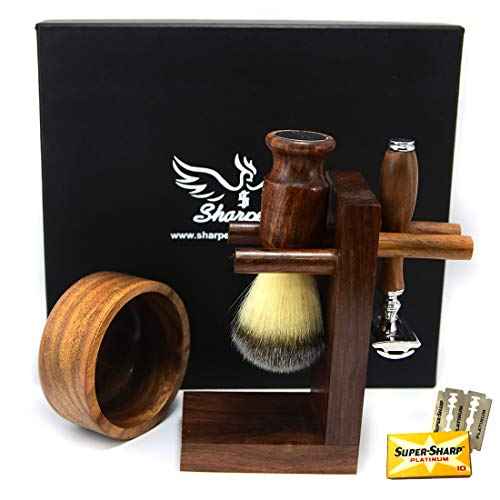 Safety Razor Shaving Kit, Double Edge Razor Blades,Hair shaving Brush wood Handle, Wood Shaving Bowl And Shaving Stand Kit, Wet Shave Grooming Set for Men Best shaving set Gift For Gentleman