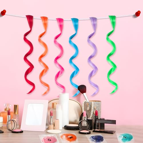 12-Piece Colored Clip-In Hair Extensions, 17" Curly Rainbow Highlights