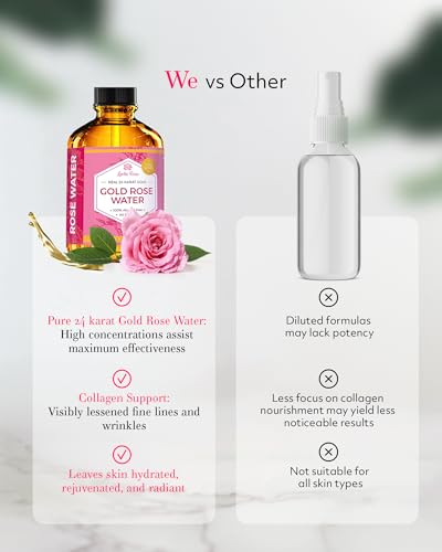 Leven Rose 24K Gold Rose Water Toner - Natural Moroccan Hydrosol for Skin, Sensitive & Anti-Aging, 4 oz