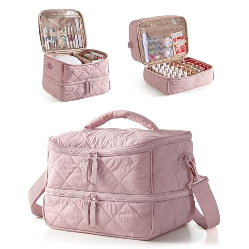 Quilted Nail Polish Organizer Bag Holds 42 Bottles and Nail Lamp, Nail Polish Storage Case with Crossbody Straps and Multiple Pockets, Pink