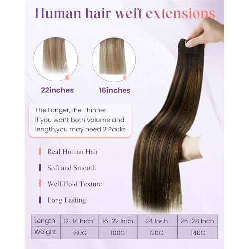 LaaVoo Weft Hair Extensions Human Hair Brown Weft Extensions Real Human Hair Silky Straight Sew in Hiar Extensions Dark Brown Mix Light Brown Balayage Short 14 Inch 80g