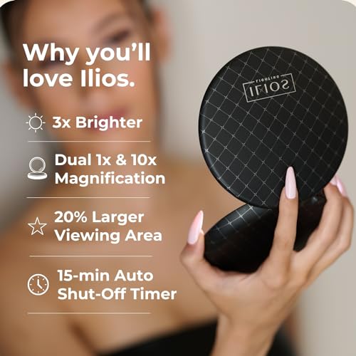 Ilios Lighting Black LED Compact Mirror with Light and 1x and 10x Magnifying Mirror in 5-inch mini Size Ideal for Travel