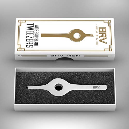 BRV MEN Wide Grip Slant Tweezers | Hand-Filed Slanted Tips for Ultra-Precision | Tweezers for Eyebrows & Nose/Ear/Facial Hair | Professional Tweezers for Women & Men - Silver