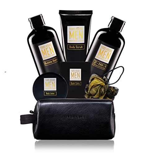 YARD HOUSE Bath and Body Spa Gift Baskets Set for Men - Sandalwood Amber - 7Pc Spa Kit w. Full Size Items in Leather Toiletry Bag - Fathers Day Birthday Gifts For Husband, Dad From Wife, Daughter Son