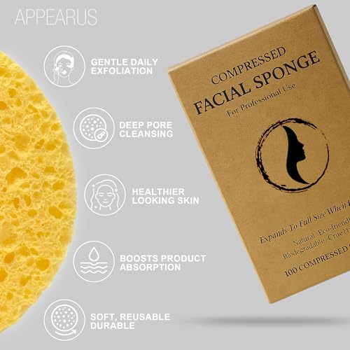 Appearus Natural Cellulose Facial Sponges ? 100 Pack (Compressed) ? Professional Spa Facial Sponge Pads for Cleansing, Exfoliating, Makeup Removal ? Natural Yellow ? Gentle on Sensitive Skin